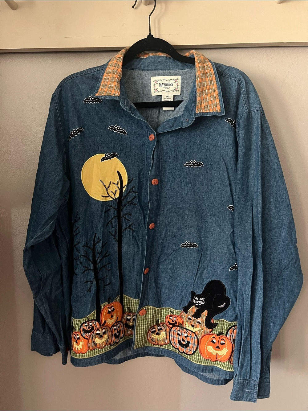 Tantrums women’s Halloween Denim Jacket with Pumpkin & Cat